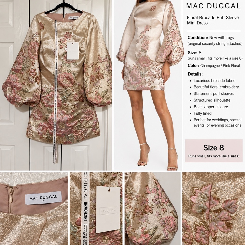 Mac Duggal Floral Brocade Puff Sleeve Mini Dress Size 8 NWT